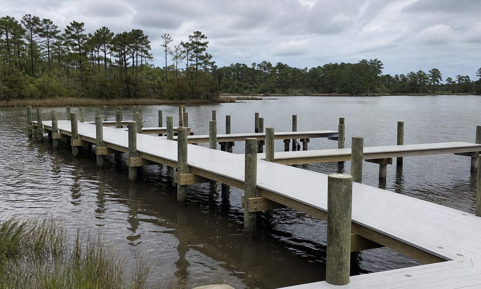 Private marina and elevated homes on the Bay River