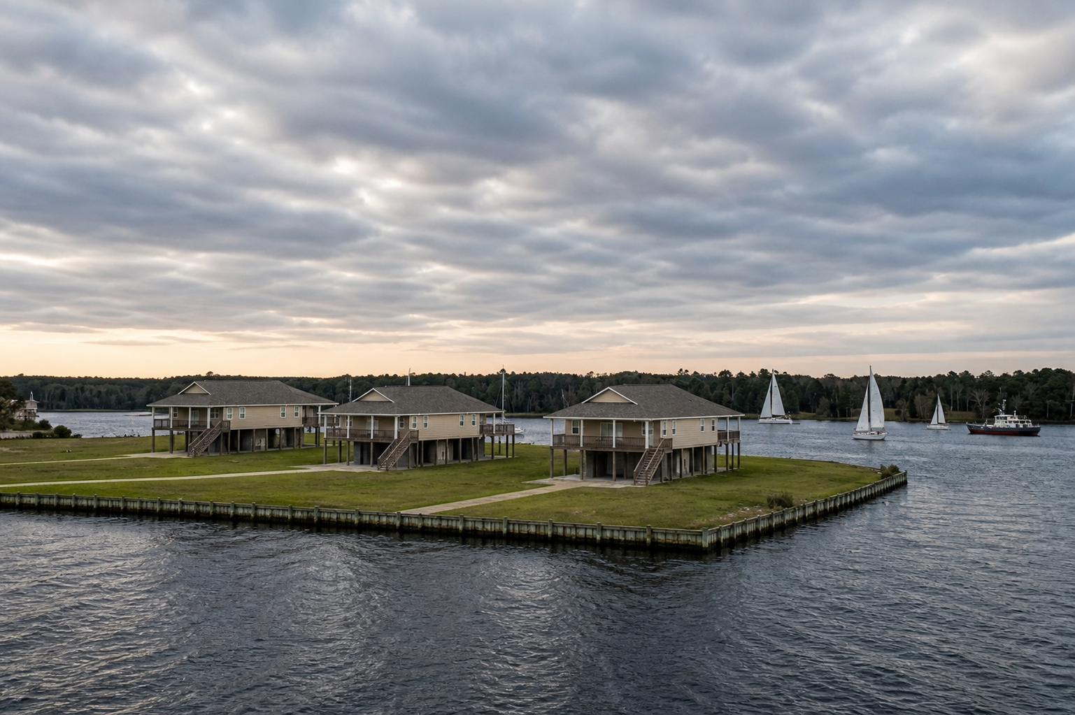 Elevated homes facing the Bay River